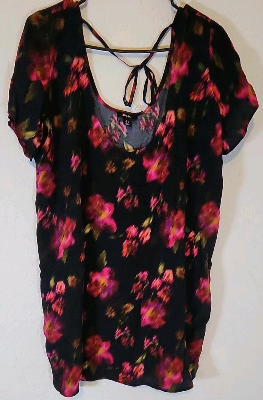 Nasty Gal Black Pink Yellow Floral Mini Sundress Tie Back US‎ 12 Short Sleeve